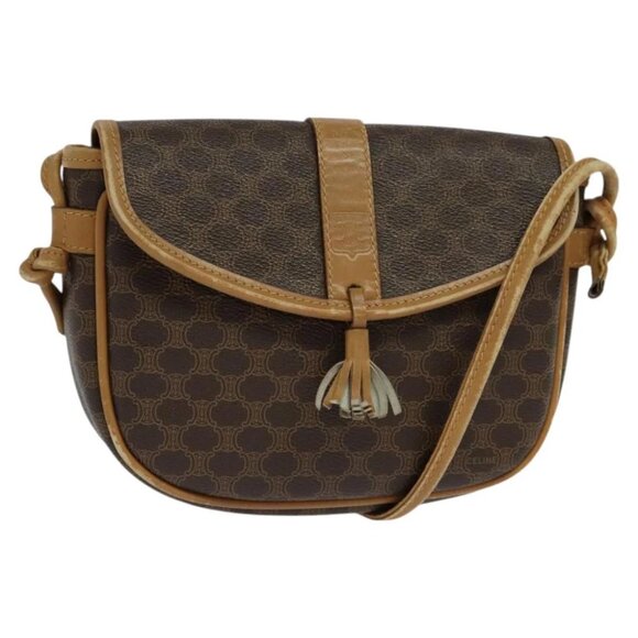 CELINE Macadam Canvas Shoulder Bag PVC Leather Brown Gold Auth sw330 - Picture 1 of 16